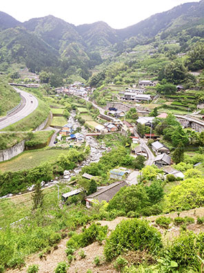 写真:山間に民家と農地が段々に連なった集落